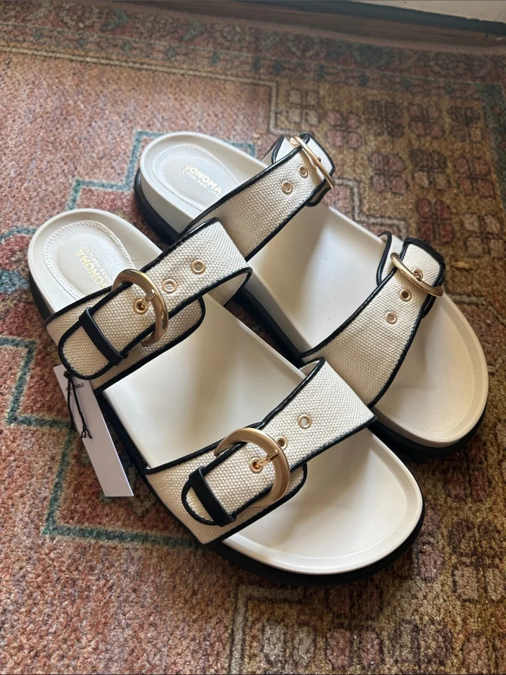 Kohl's Cream and Black Double-Buckle Canvas Slide Sandals